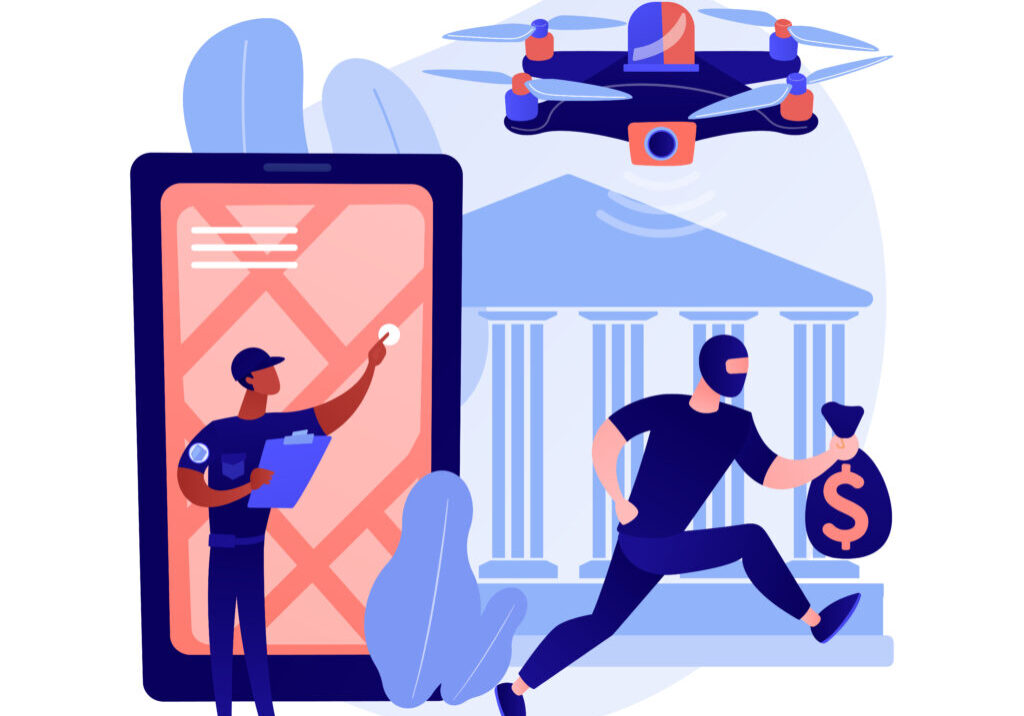 Law enforcement drones abstract concept vector illustration. Law enforcement drones abstract concept vector illustration. Law enforcement surveillance UAV, police drone use, smart city IoT tools, government unmanned aerial vehicles abstract metaphor.